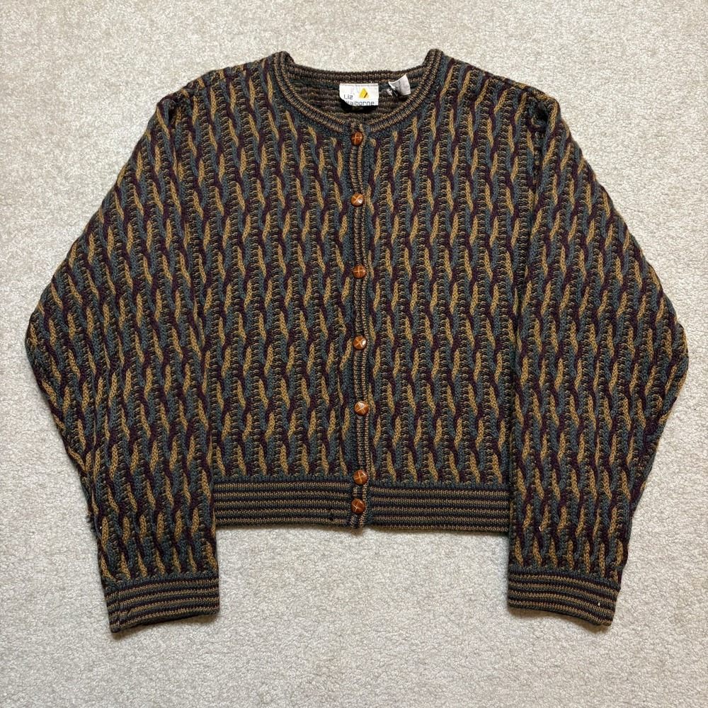 Vtg Liz Claiborne Cardigan Sweater Womens Large Multicolor Chunky Knit Wool 90s